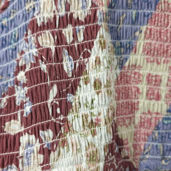 MAURICES Patchwork Floral Print Long Sleeve Peplum Top, V Neck, Smocked Chest - Picture 7 of 15